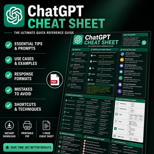 ChatGPT Cheat Sheet for beginners – Ultimate AI Prompt Guide (Digital Download)